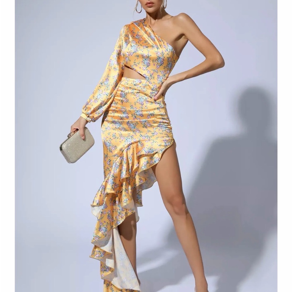 Rosegal Yellow Floral Asymmetrical Dress